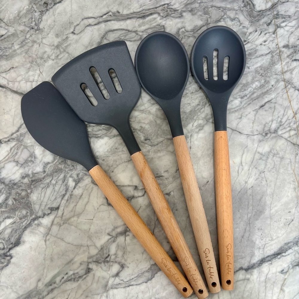 Sur La Table Silicone Kitchen Utensil Set with Wooden Handles - Dark Grey